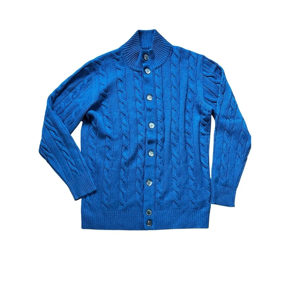 Blumelange 100% Cashmere Cable Knit Cardigan Sweater Blue, Size Large